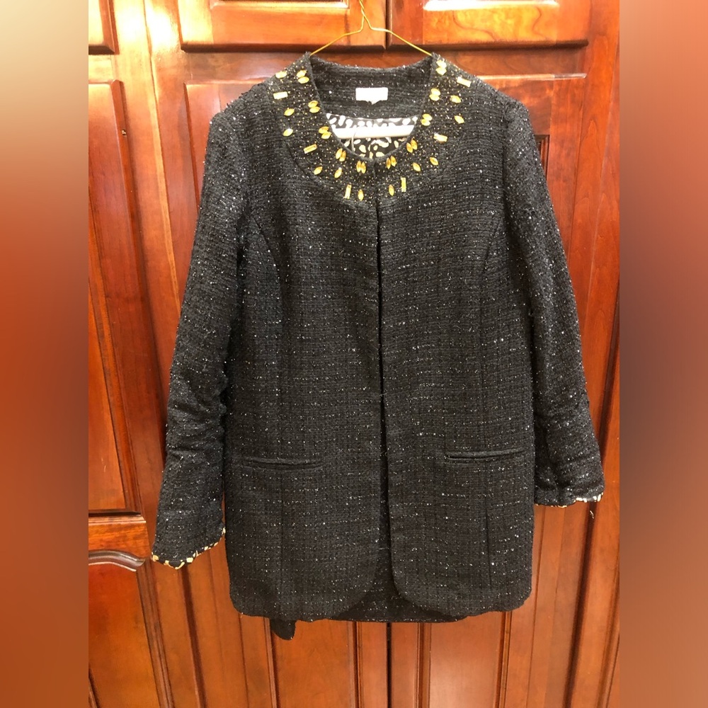 NWT Chico’s & Kasper Black Tweed Skirt Suit Sz M Gold Embellished Jacket Career - Picture 2 of 16